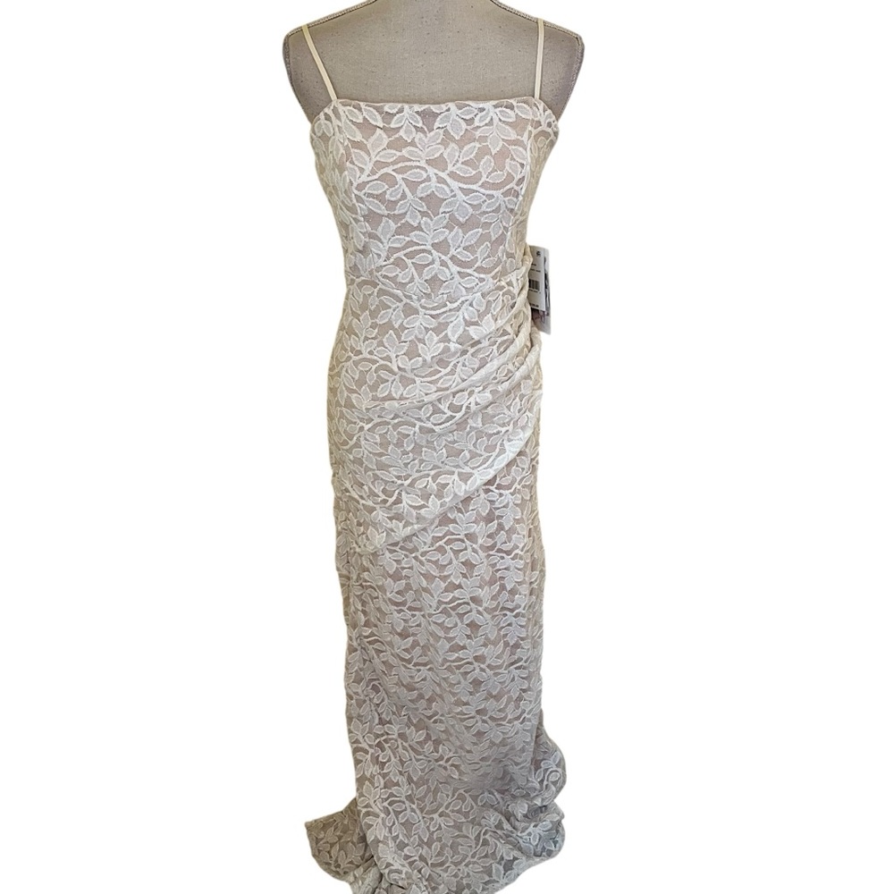 Honey & Rosie Cream with Tan Lining Stretch Lace Gown with Spaghetti Straps